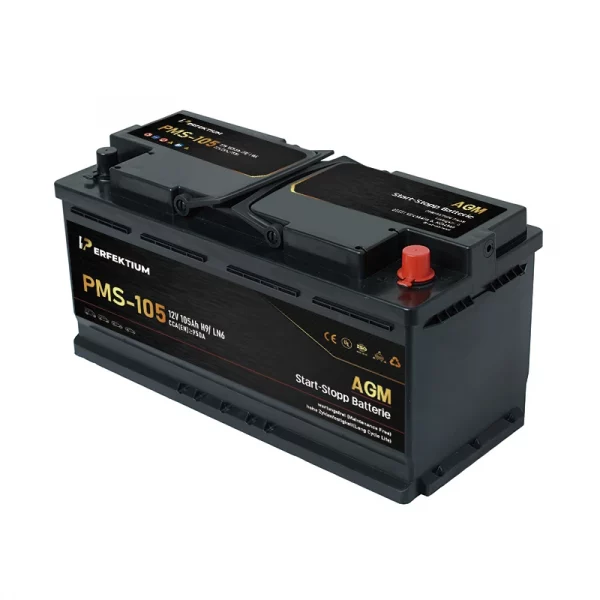 Perfektium PMS-Serie AGM Start-Stopp-Batterie 12 V 105Ah, entwickelt für moderne Fahrzeuge mit hoher Zyklenlebensdauer und wartungsfreiem Betrieb