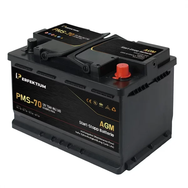 Perfektium PMS-Serie AGM Start-Stopp-Batterie 12 V 70Ah, entwickelt für moderne Fahrzeuge mit hoher Zyklenlebensdauer und wartungsfreiem Betrieb Perfektium PMS-Serie AGM Start-Stopp-Batterie 12 V 70Ah, entwickelt für moderne Fahrzeuge mit hoher Zyklenlebensdauer und wartungsfreiem Betrieb